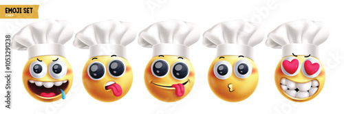 Emoji chef emoticon characters vector set. Emojis cook profession character in hungry, thirsty, silly, excited, in love, shy and happy facial expression 3d round face elements collection. Vector 