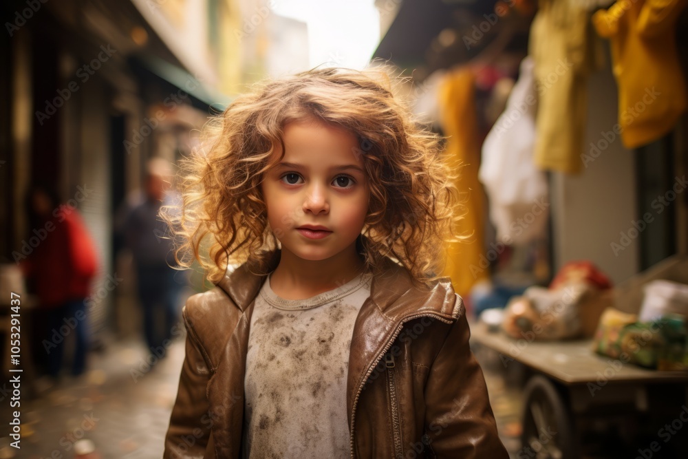 Portrait of a cute little girl with curly hair on the street Portrait of a cute little girl with curly hair on the street