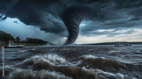 A chilling photograph of a tornado forming over a wide river, its dark funnel cloud pulling up water as it moves toward the shoreline