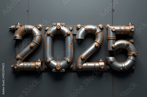 A mechanical design of the numbers 2025 made from interconnected metal pipes