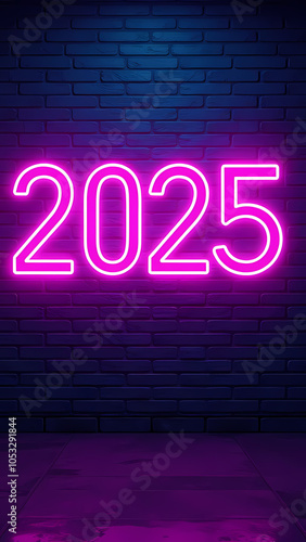 neon sign of the numbers 2025 glowing against a dark brick wall