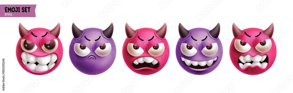 Emoji evil characters vector set. Emojis demon emoticon character in mad, angry, scary, annoying and furious face reactions 3d elements collection. Vector illustration emojis devil icon set collection Emoji evil characters vector set. Emojis demon emoticon character in mad, angry, scary, annoying and furious face reactions 3d elements collection. Vector illustration emojis devil icon set collection