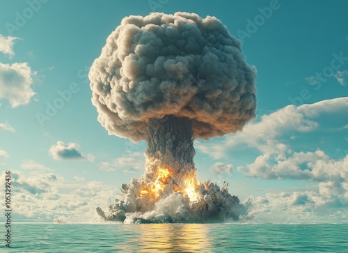 A large mushroom cloud rises from the ocean after a nuclear explosion. photo