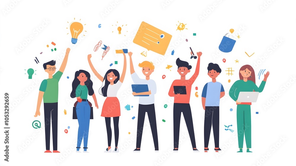 Happy young employees giving support and help each other flat illustration. Business team working together for success and growing. Corporate relations and cooperation concept. Happy young employees giving support and help each other flat illustration. Business team working together for success and growing. Corporate relations and cooperation concept.