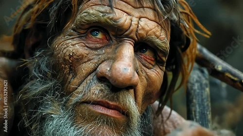 Early existence: displaying prehistoric life focused on primitive man, basic living conditions, and the connection to nature in a time long past.