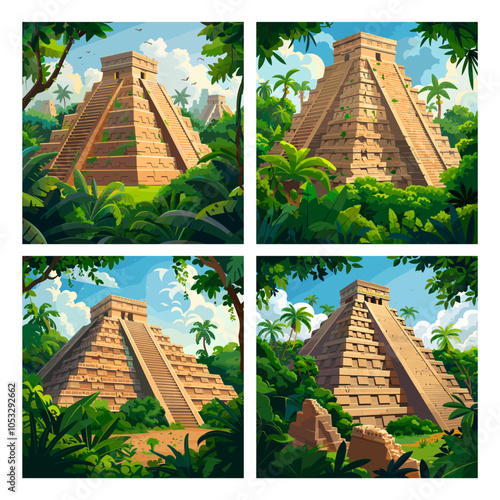 Majestic ancient pyramid lush jungle cartoon vector concepts. Stone rock maya aztec ruins green tropical foliage archaeology historical nature heritage mysterious structure colorful illustrations