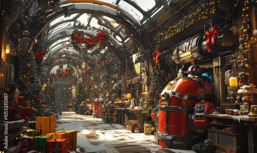 bustling North Pole workshop with robot elves making toys for Christmas