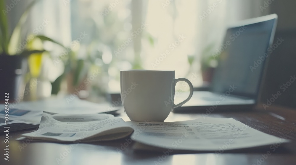Serene Workspace with Coffee and Investment Literature Serene Workspace with Coffee and Investment Literature
