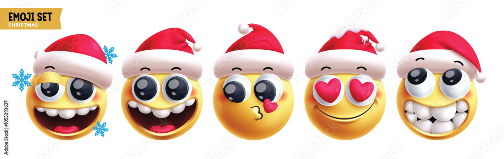 Obraz premium Emoji santa christmas characters vector set. Emojis xmas emoticon character in happy, funny, kiss, in love, smiling and cute face wearing red hat reactions 3d elements collection. Vector illustration 
