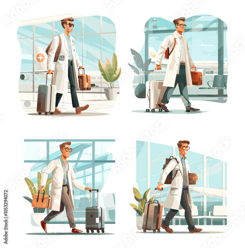 Medic worker journey cartoon vector scenes. Beard gentleman stethoscope ivory coat valise airport baggage excursion aid expert terminal healthcare departure aircraft voyage separated illustrations