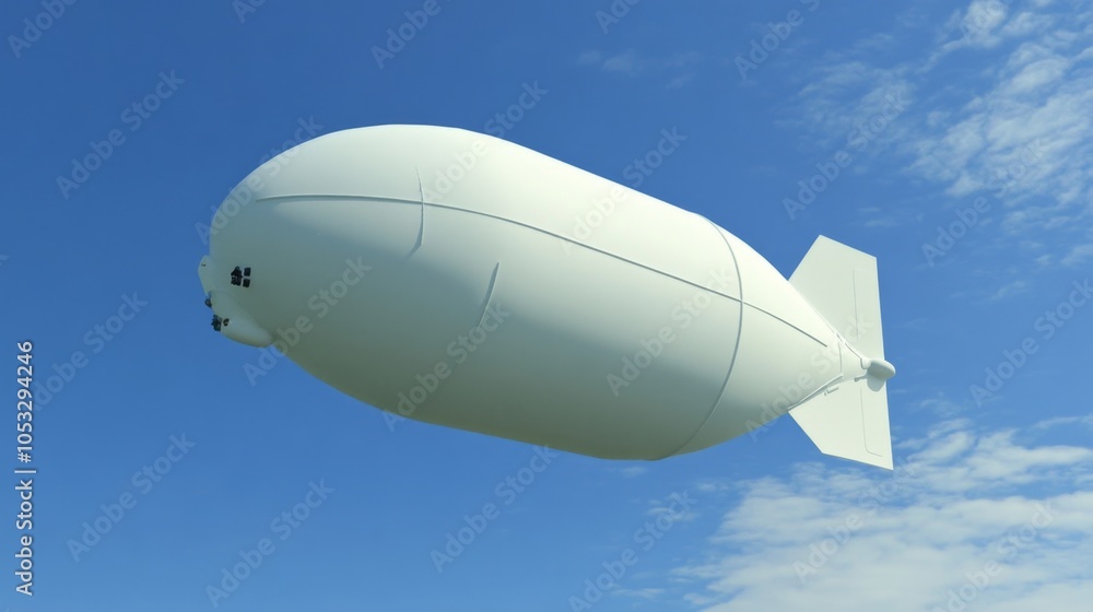 Obraz premium A white blimp flies against a blue sky with white clouds.