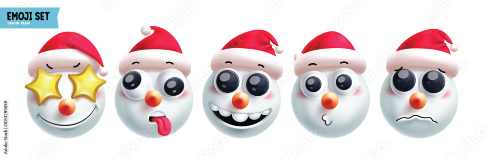 Obraz premium Emoji snowman christmas emoticon characters vector set. Emojis xmas character in happy, amaze, naughty, smiling, funny, lonely and sad cute 3d face elements collection. Vector illustration emojis snow