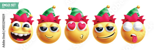 Emoji christmas elf emoticon characters vector set. Emojis xmas character in happy, smiling,  in love, sad, naughty, lonely funny, shy and cute 3d round face elements collection. Vector illustration 