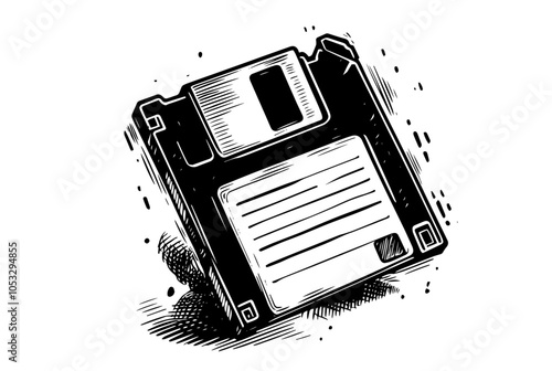 vintage floppy disk illustration in monochrome style