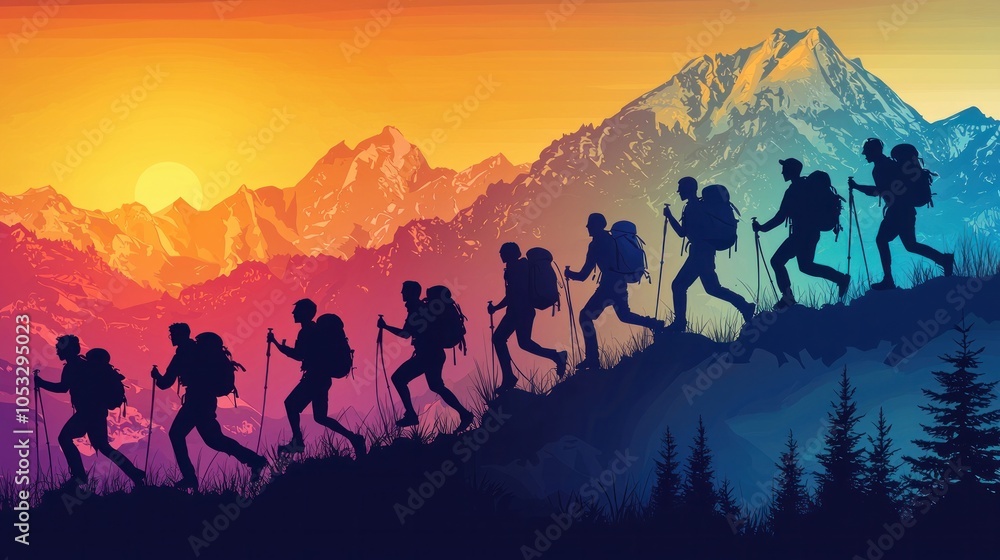 Fototapeta premium Team of hikers climbing mountain silhouette at sunset