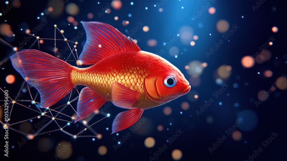 Vibrant goldfish swimming through a colorful abstract background with sparkling lights and bubbles Vibrant goldfish swimming through a colorful abstract background with sparkling lights and bubbles