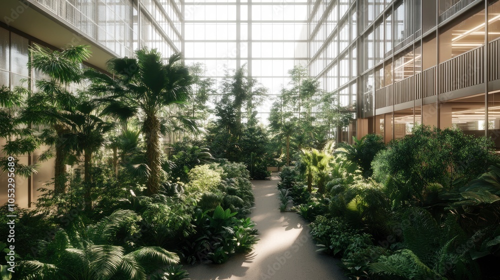Lush Indoor Atrium with Tropical Plants in Modern Glass Building Lush Indoor Atrium with Tropical Plants in Modern Glass Building