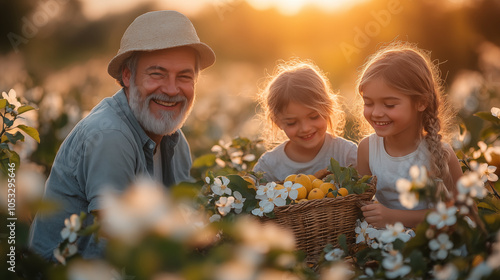 Senior man and young girls harvesting citrus fruits in garden during golden hour