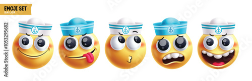 Emoji sailor emoticon characters vector set. Emojis character in happy, friendly, sad, naughty, silly, disappointed and shy emoticons face 3d round seaman captain elements collection. Vector 