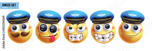 Emoji pilot emoticon characters vector set. Emojis 3d captain character in happy, cute, angry, silly, smiling and friendly facial expression emoticons face elements collection. Vector illustration