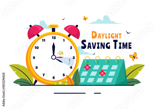 Daylight Saving Time Vector Illustration with Alarm Clock and Calendar Transitioning from Summer to Fall in a Flat Style Cartoon Background Design