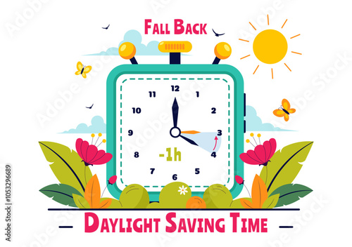 Daylight Saving Time Vector Illustration with Alarm Clock and Calendar Transitioning from Summer to Fall in a Flat Style Cartoon Background Design