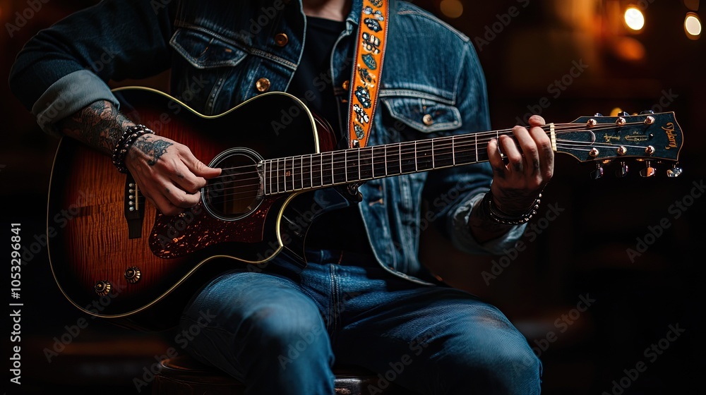 Obraz premium A man's hands play an acoustic guitar in a dimly lit setting.