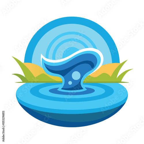 A stylized illustration of a blue whale tail splashing into a pool of water, surrounded by grass and a blue sky.