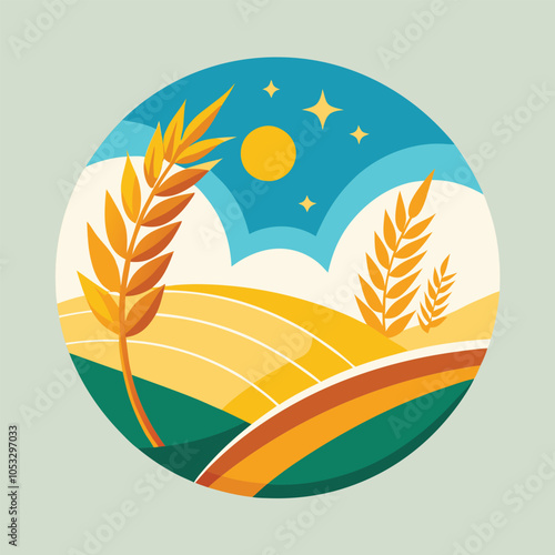A colorful illustration of a field of wheat with a blue sky and a bright sun. The stylized image is perfect for a farm or harvest theme.