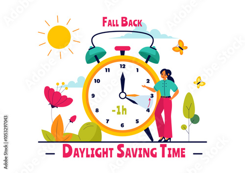 Daylight Saving Time Vector Illustration with Alarm Clock and Calendar Transitioning from Summer to Fall in a Flat Style Cartoon Background Design