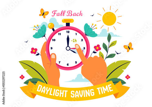 Daylight Saving Time Vector Illustration with Alarm Clock and Calendar Transitioning from Summer to Fall in a Flat Style Cartoon Background Design