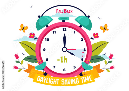 Daylight Saving Time Vector Illustration with Alarm Clock and Calendar Transitioning from Summer to Fall in a Flat Style Cartoon Background Design