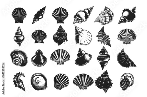 Ocean shell black ink vector collection. Coil conch mollusk sea underwater maritime shore natural coastal ornamental monochrome symbols isolated on white backdrop