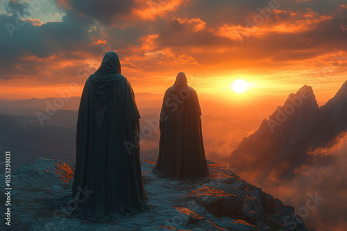 Religious pilgrims in hooded cloaks stand on a mountain at sunset. Wanderer, pilgrim.