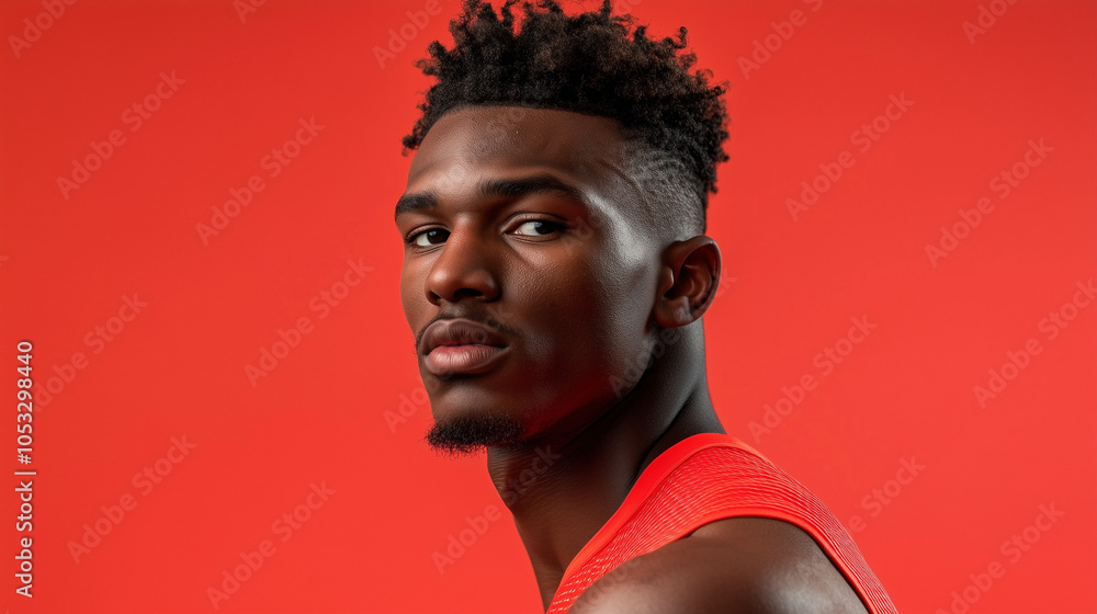 Obraz premium Boxer in sportswear with focused expression against muted red background. v3