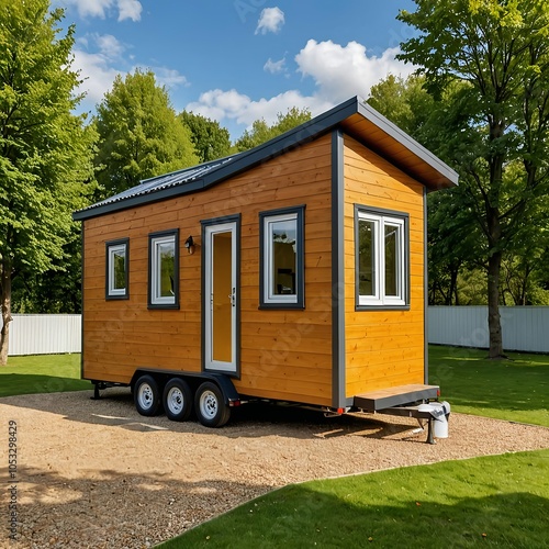 House on Wheels surrounded by big trees.  This is AI generated, property release is not required. 