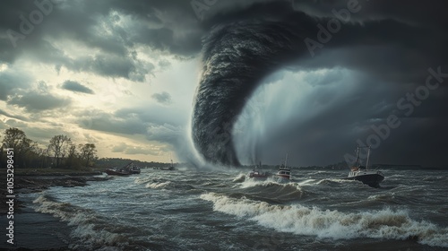 A chilling photograph of a tornado forming over a wide river, its dark funnel cloud pulling up water as it moves toward the shoreline