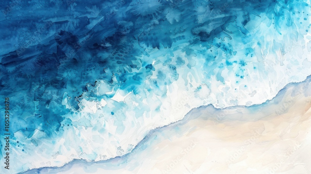 Ocean waves, sea foam, beach sand, abstract art, watercolor painting The image showcases the dynamic blues of ocean water blending into the sandy shore, evoking tranquility and nature s beauty Ocean waves, sea foam, beach sand, abstract art, watercolor painting The image showcases the dynamic blues of ocean water blending into the sandy shore, evoking tranquility and nature s beauty