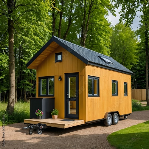 House on Wheels surrounded by big trees.  This is AI generated, property release is not required. 