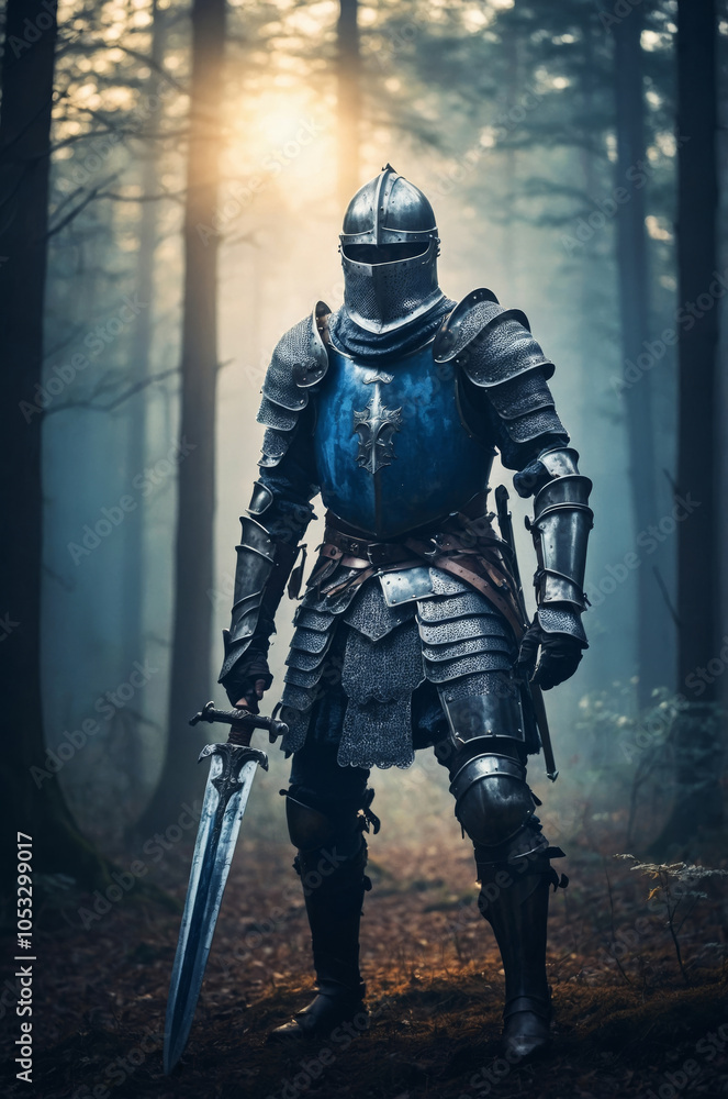 Fototapeta premium a knight in armor, a knight in iron armor in the woods with a sword.