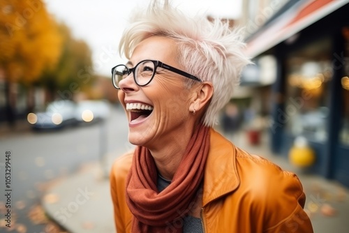 Portrait of happy middle aged woman in eyeglasses smiling and laughing outdoors