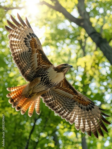 A hawk soars through the air, its wings outstretched against a backdrop of green leaves. AI.