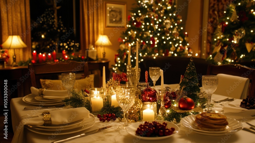 Elegant Christmas Dinner Table Setting with Warm Lights Elegant Christmas Dinner Table Setting with Warm Lights