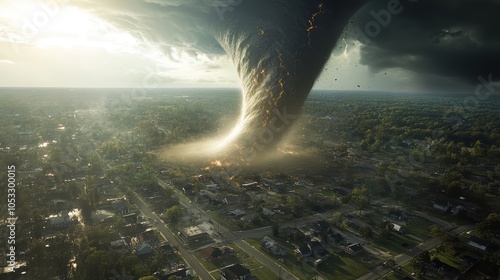 A detailed view of a massive tornado bearing down on a town, with lightnin