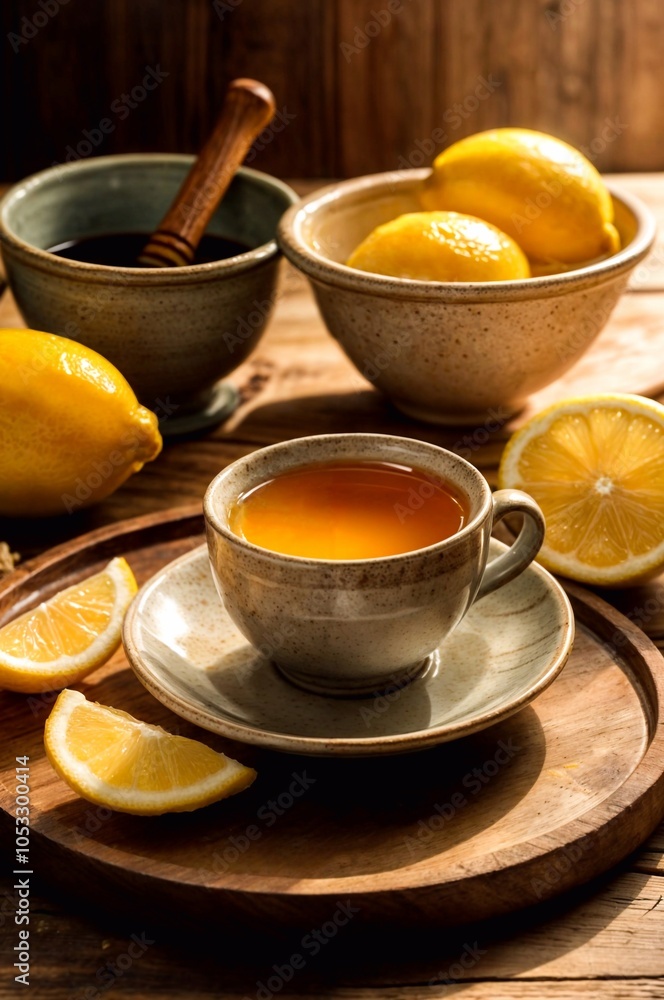 Hot ginger tea with fresh lemon slices in ceramic mug on rustic table Hot ginger tea with fresh lemon slices in ceramic mug on rustic table