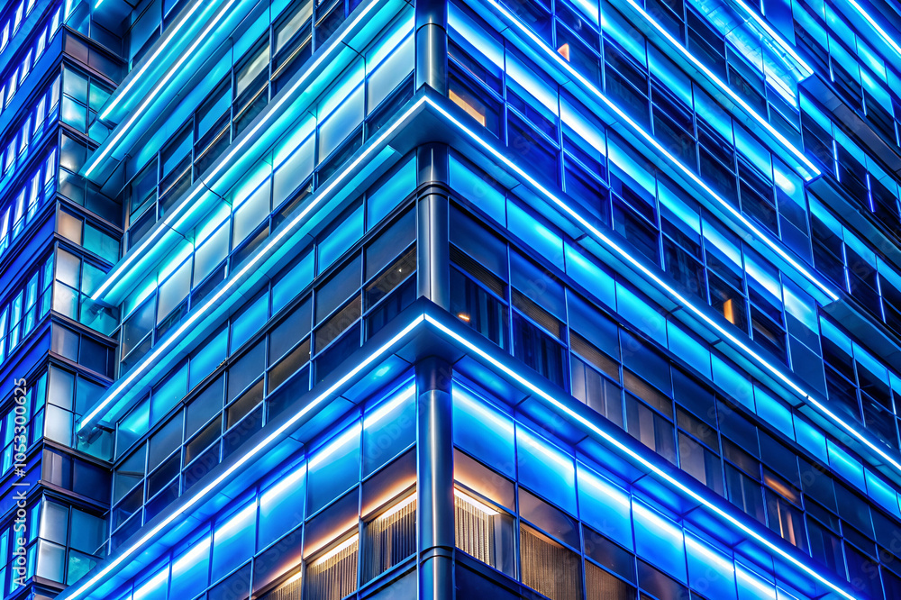 A modern building illuminated with vibrant blue neon lights, showcasing a sleek architectural design against a nighttime backdrop. A modern building illuminated with vibrant blue neon lights, showcasing a sleek architectural design against a nighttime backdrop.
