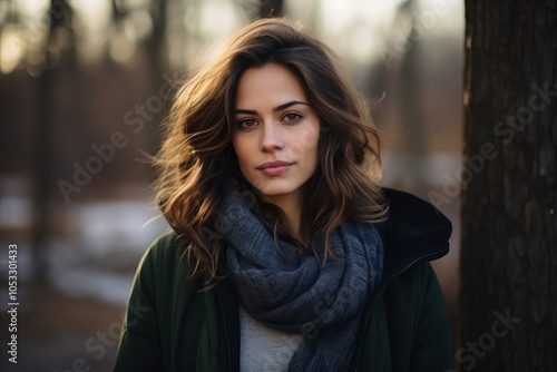 Portrait of a beautiful young woman in a green coat and gray scarf on a background of a winter park