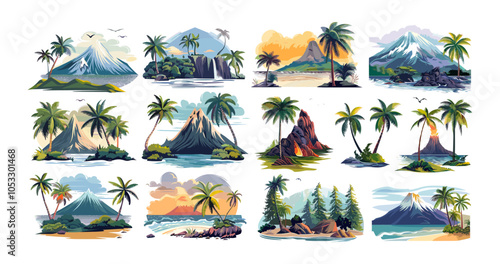 Picturesque tropical isle cartoon vector scenes. Palm trees stone rocks ocean coastline sandy shore vessels sea environment exotic foliage sunlight summertime paradise land isolated illustrations