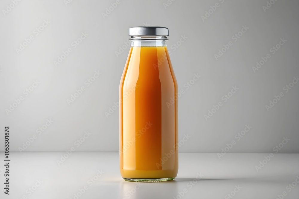 A glass bottle of orange juice on a plain grey background with copy space, ideal for packaging or beverage product mockups. A glass bottle of orange juice on a plain grey background with copy space, ideal for packaging or beverage product mockups.