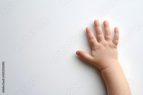 A close-up of a small, hand belonging to an young child, is set against a white background. 